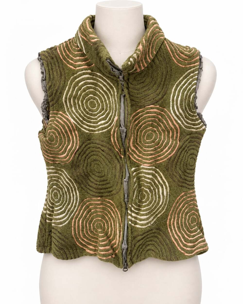 CoVelo Green Concentric Circle Artwear Zip Vest Ruffle Trim L Fits S/M